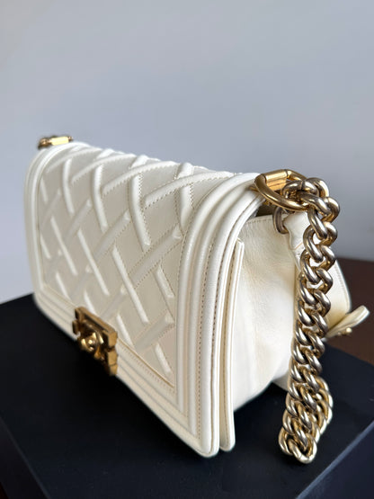 Pre-owned Chanel Boy Medium Embossed Cream Leather Bag