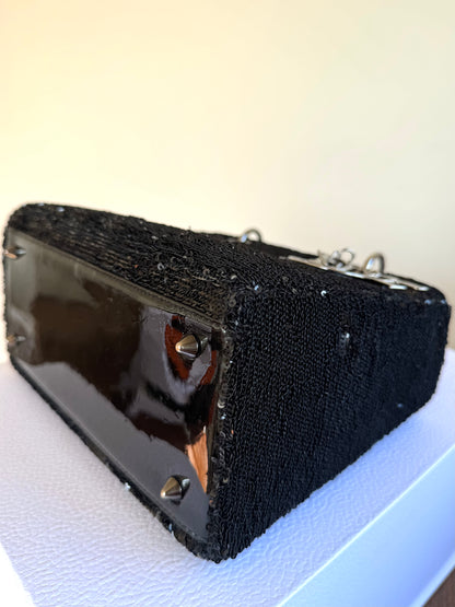 Pre-owned Dior Lady Dior Medium Black Sequin Patent Leather Bag