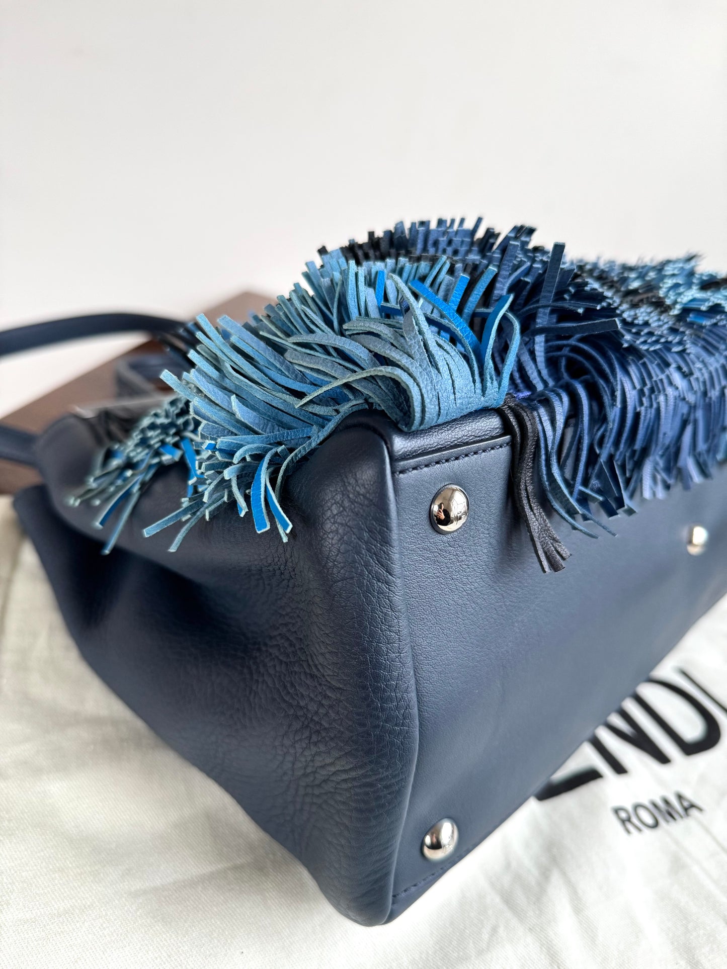 Pre-owned Fendi 2Jours Navy Blue Fringed Leather Bag