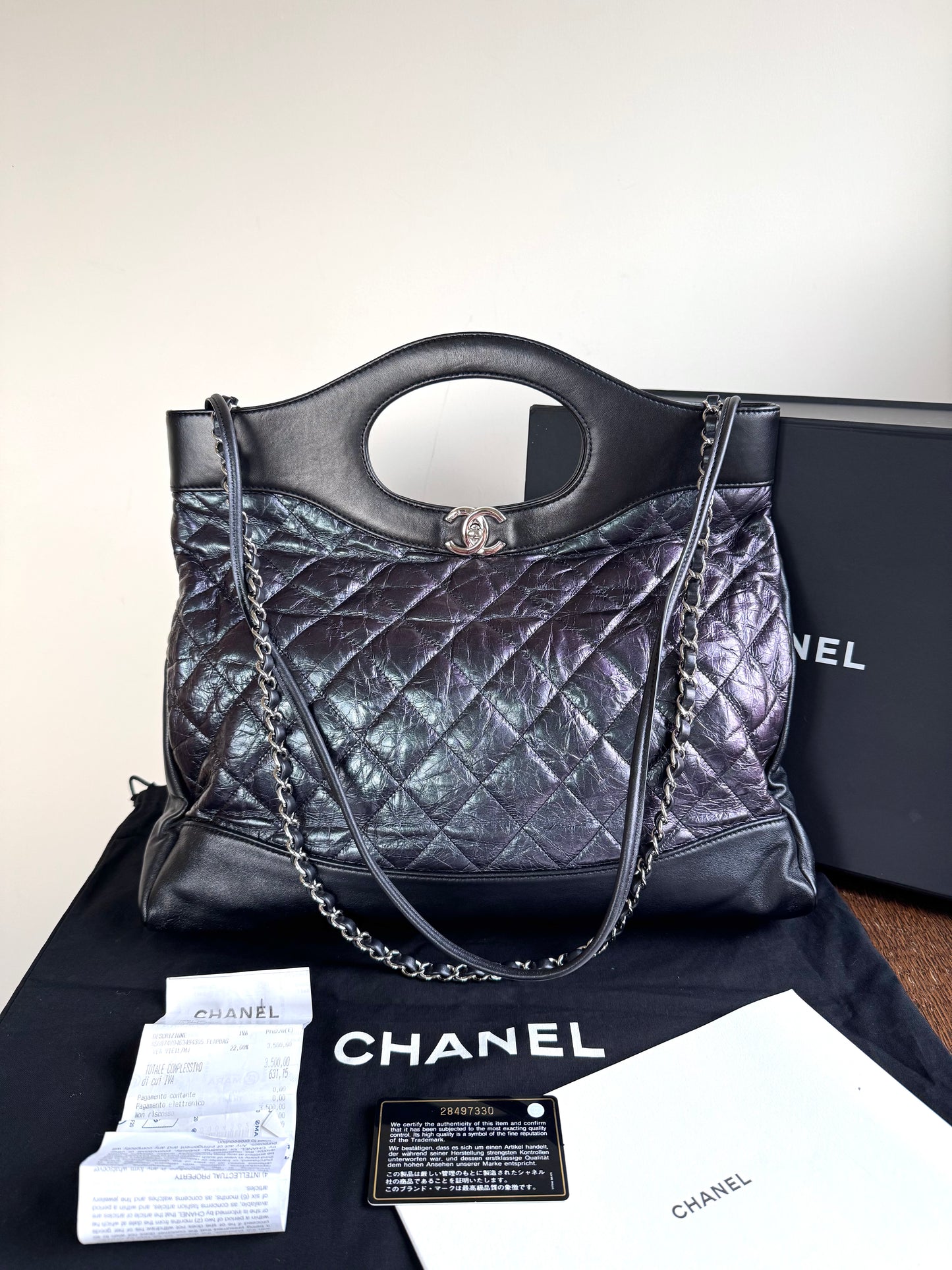 Pre-owned Chanel 31bag Large Black Purple Waxed Leather Tote Bag