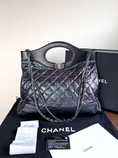 Pre-owned Chanel 31bag Large Black Purple Waxed Leather Tote Bag