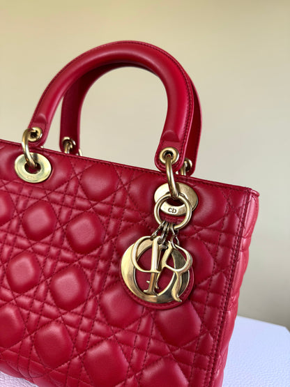 Pre-owned Dior Lady Dior Medium Red Lambskin Bag