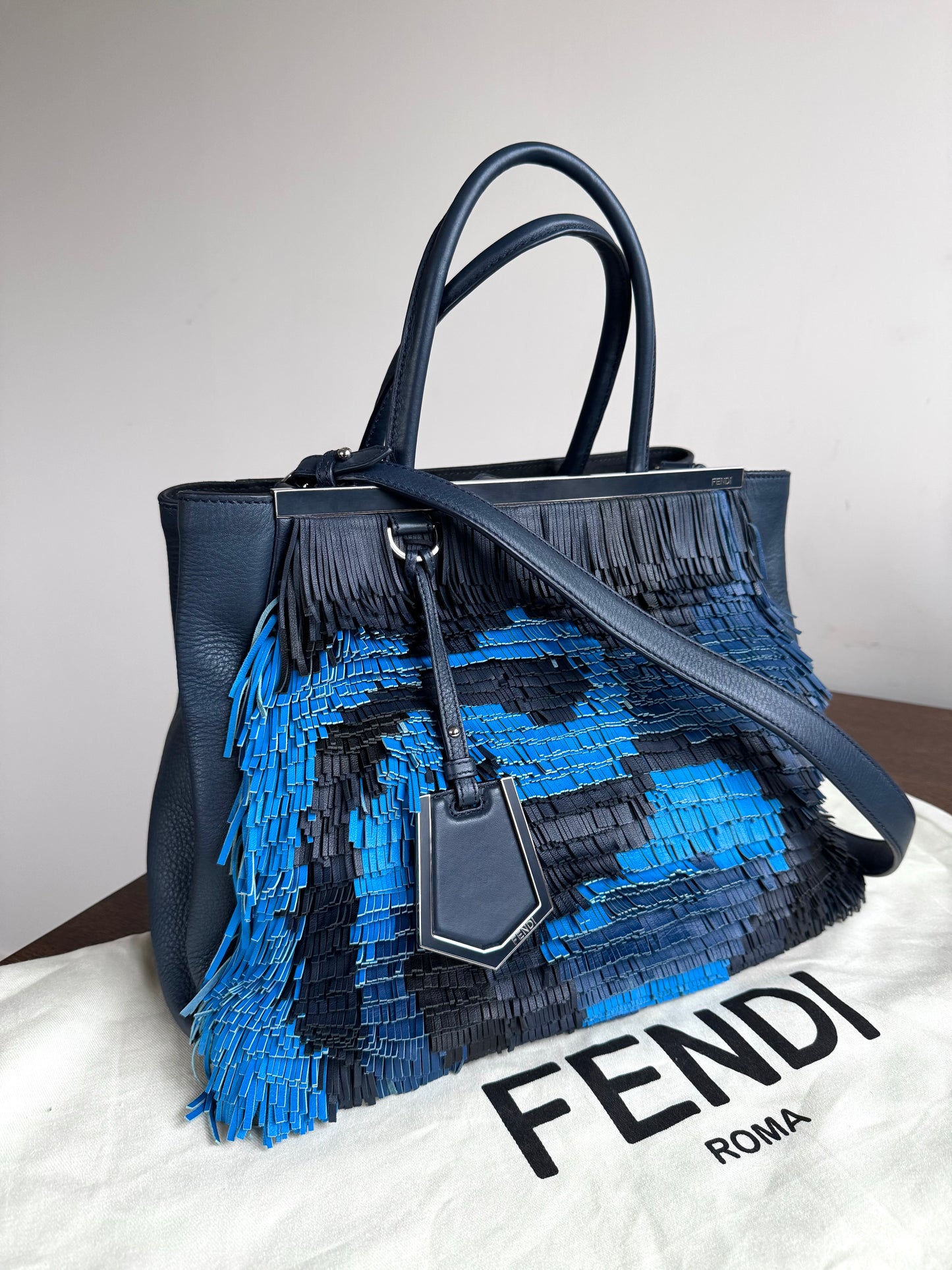 Pre-owned Fendi 2Jours Navy Blue Fringed Leather Bag