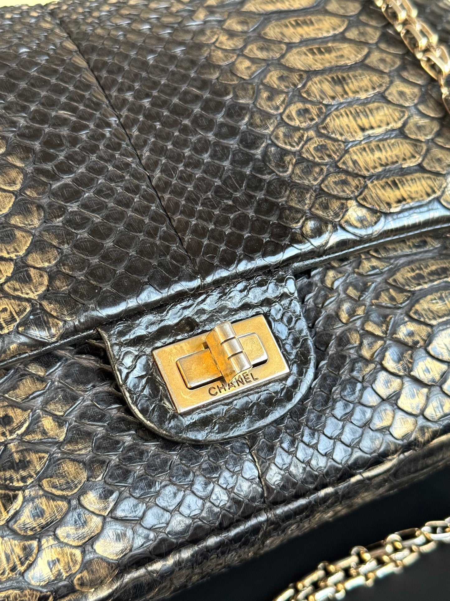 Pre-owned Chanel 2.55 Reissue Large 226 Black Gold Python Flap Bag