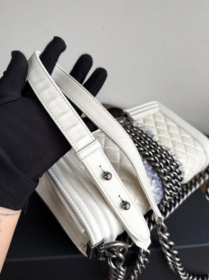 Pre-owned Chanel Boy Medium Off White Python Chain Around Flap Bag