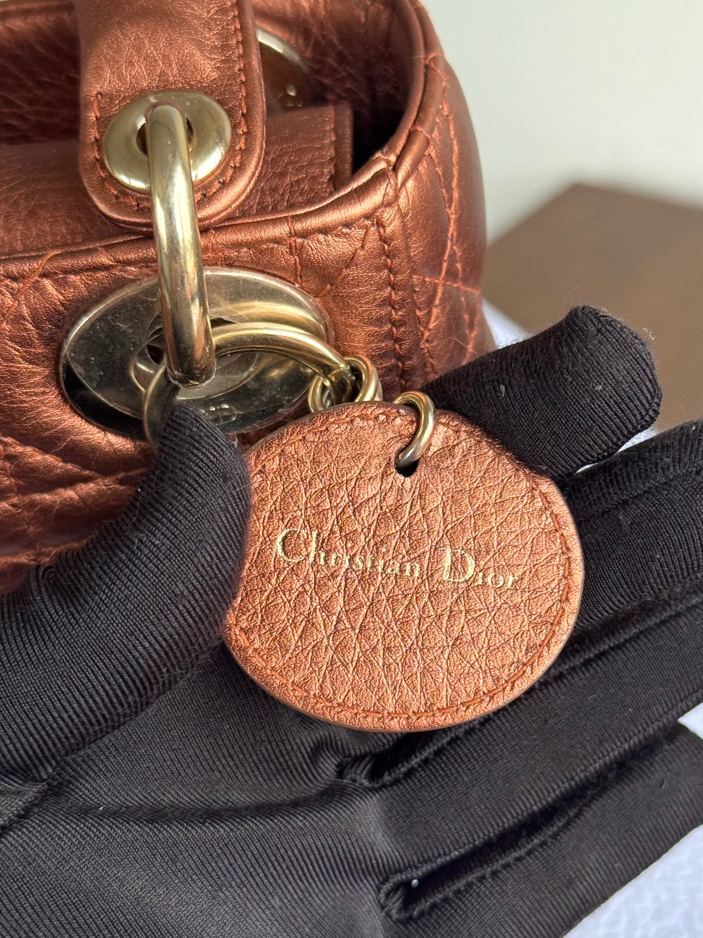 Pre-owned Dior Lady Dior Mini Bronze Lambskin Cannage Bag