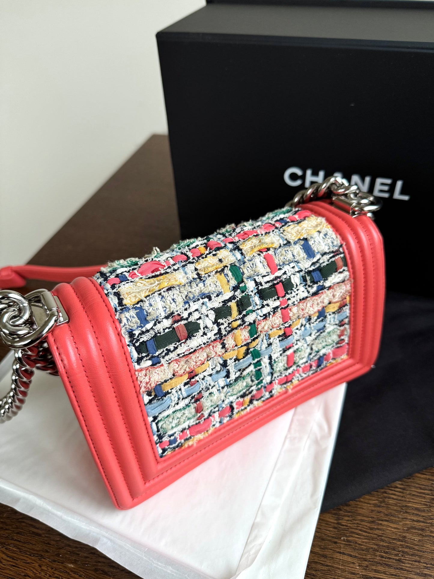 Pre-owned Chanel Boy Small Salmon Pink Tweed Leather Bag