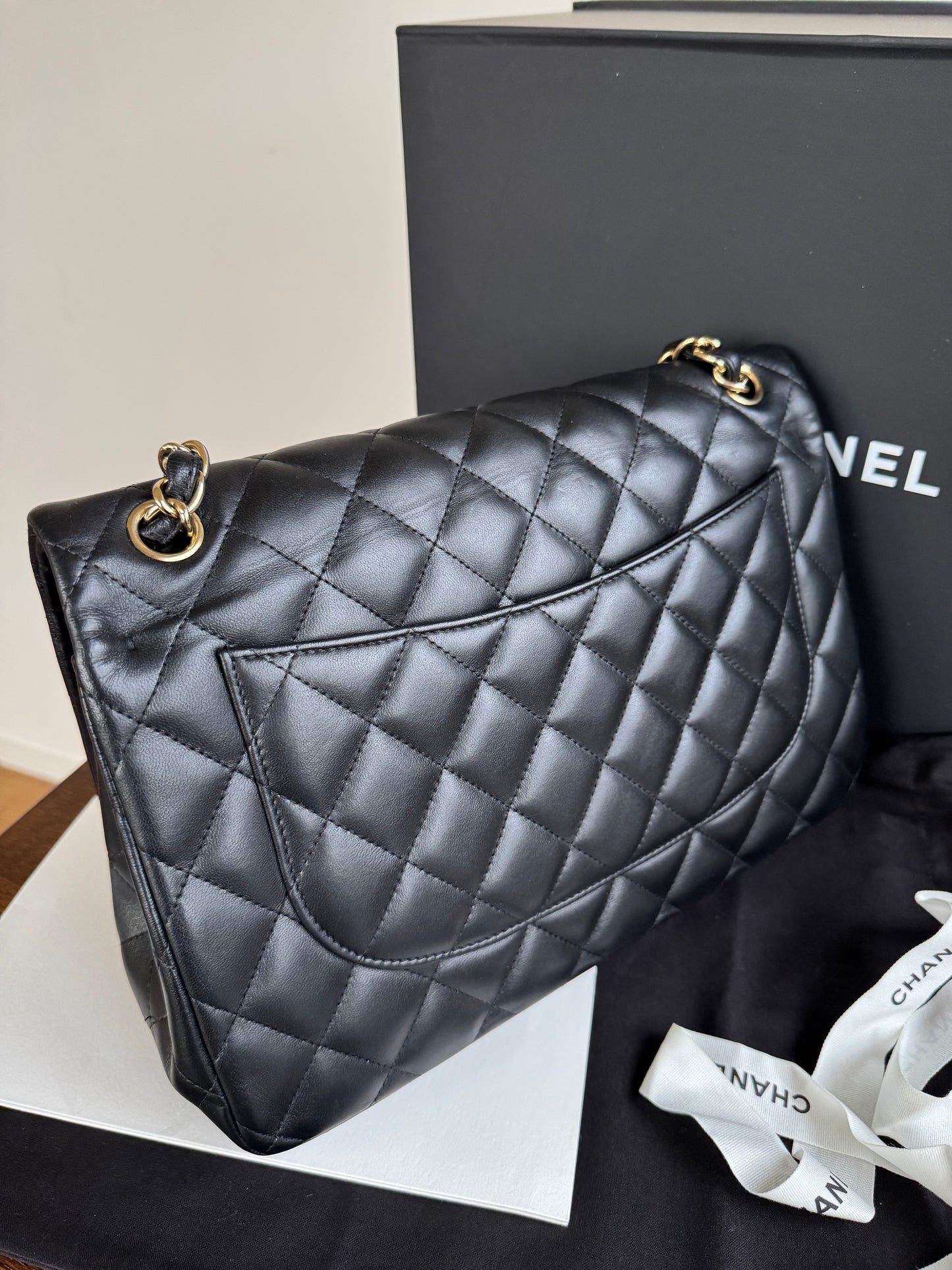 Pre-owned Chanel Timeless Classic Jumbo Black Lambskin Flap Bag