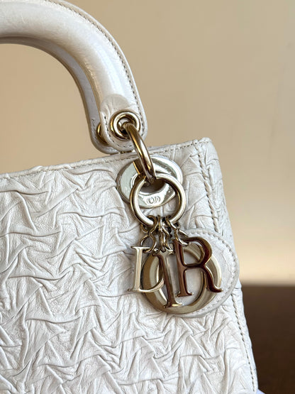 Pre-owned Dior Lady Dior Mini Off-White Eggshell Wrinkled Leather Bag