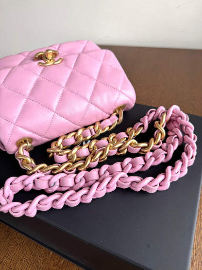 Pre-owned Chanel Matelasse Mini Pink Lambskin Lacquered Chain Flap Bag