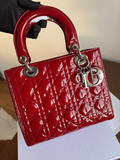 Pre-owned Dior Lady Dior Medium Burgundy Patent Leather Bag