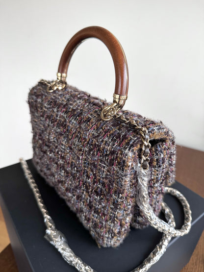 Pre-owned Chanel Knock On Wood Brown Tweed Top Handle Flap Bag