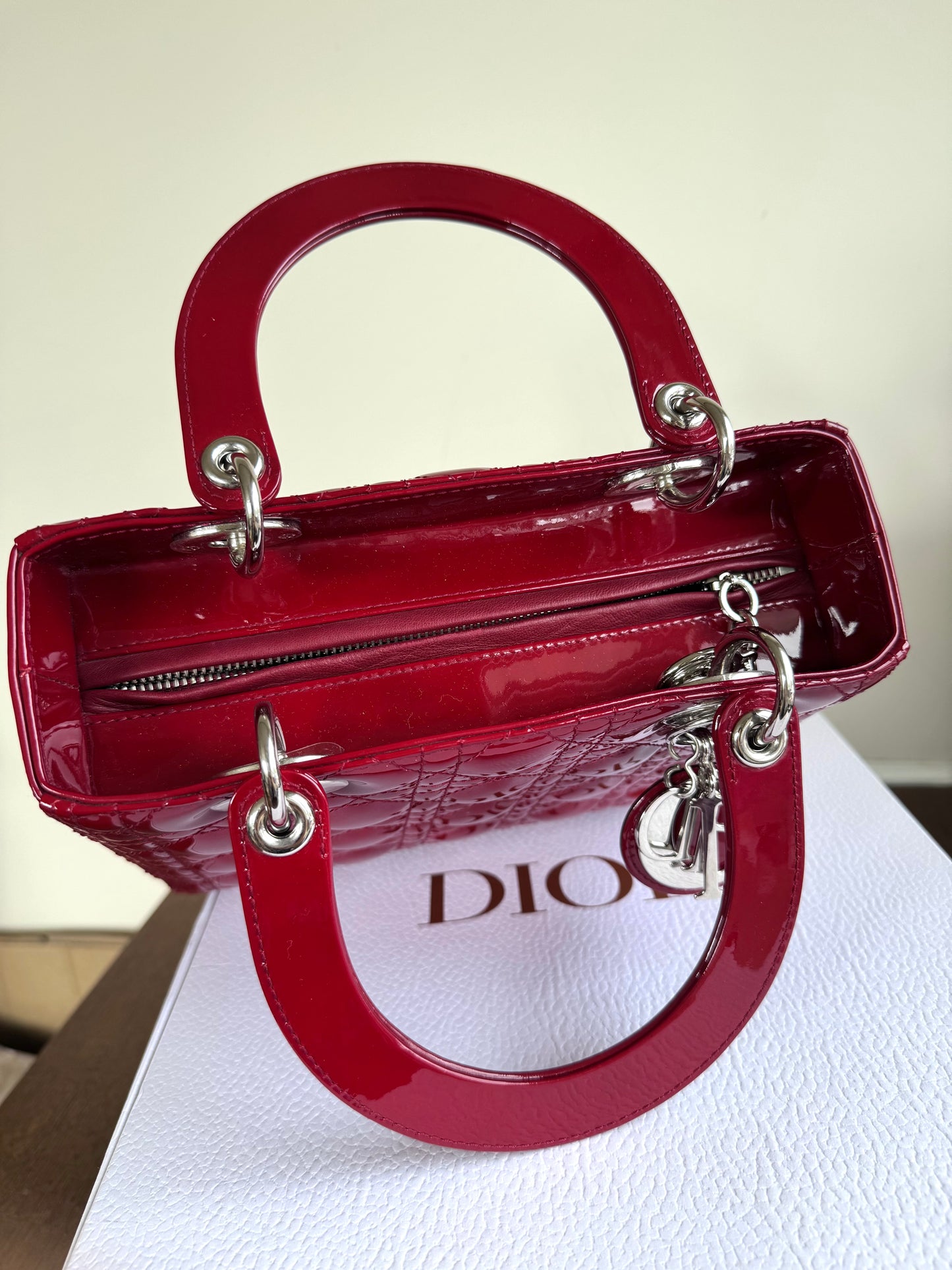 Pre-owned Dior Lady Dior Medium Burgundy Patent Leather Bag