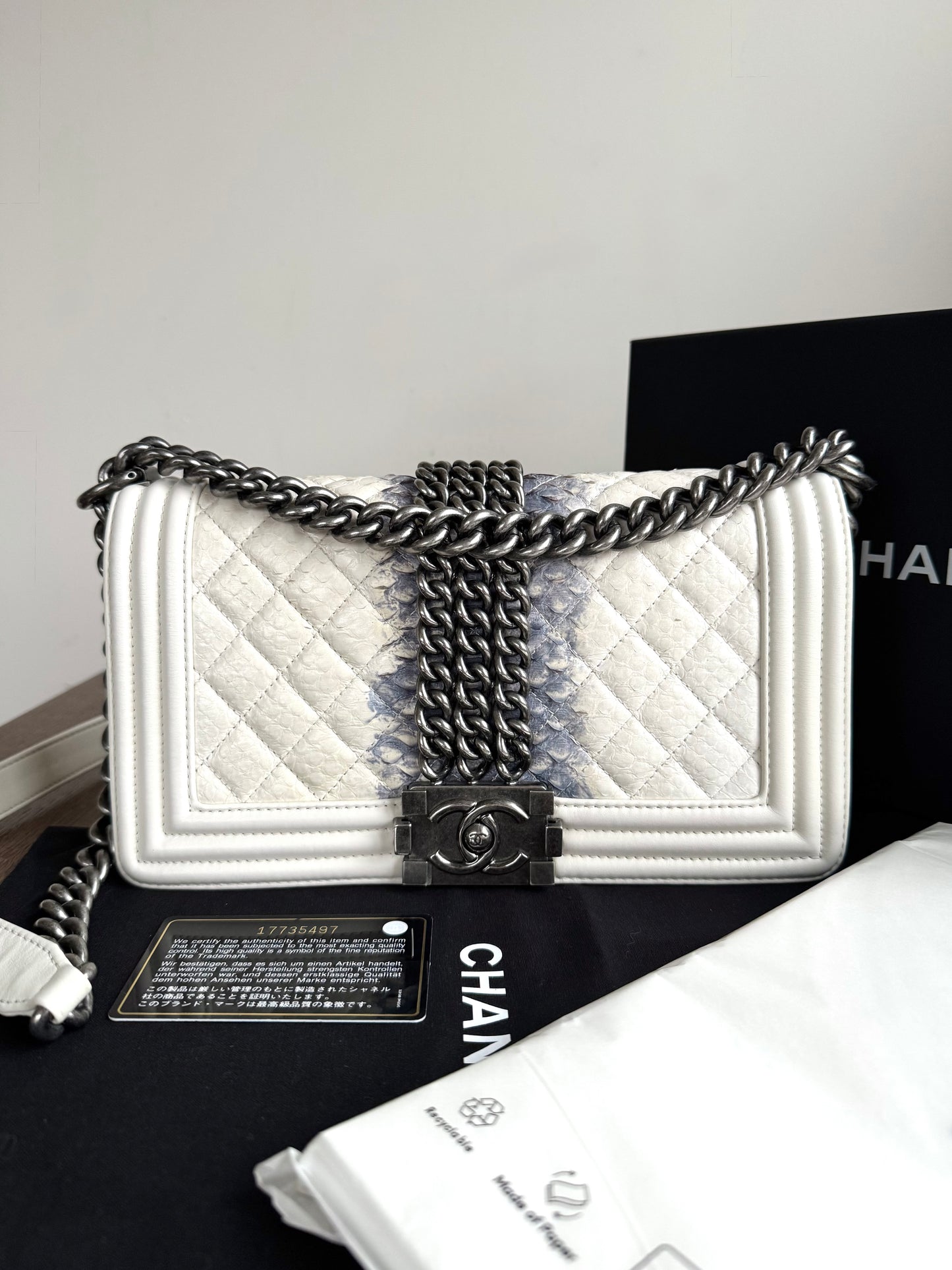 Pre-owned Chanel Boy Medium Off White Python Chain Around Flap Bag