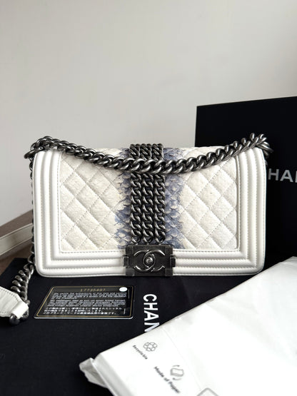 Pre-owned Chanel Boy Medium Off White Python Chain Around Flap Bag