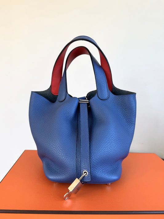 Pre-owned Hermès Picotin 18 Blue Brighton Capucine Clemence Bucket Bag