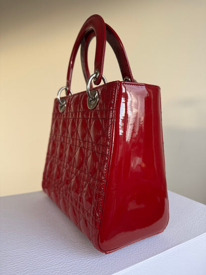 Pre-owned Dior Lady Dior Medium Burgundy Patent Leather Bag