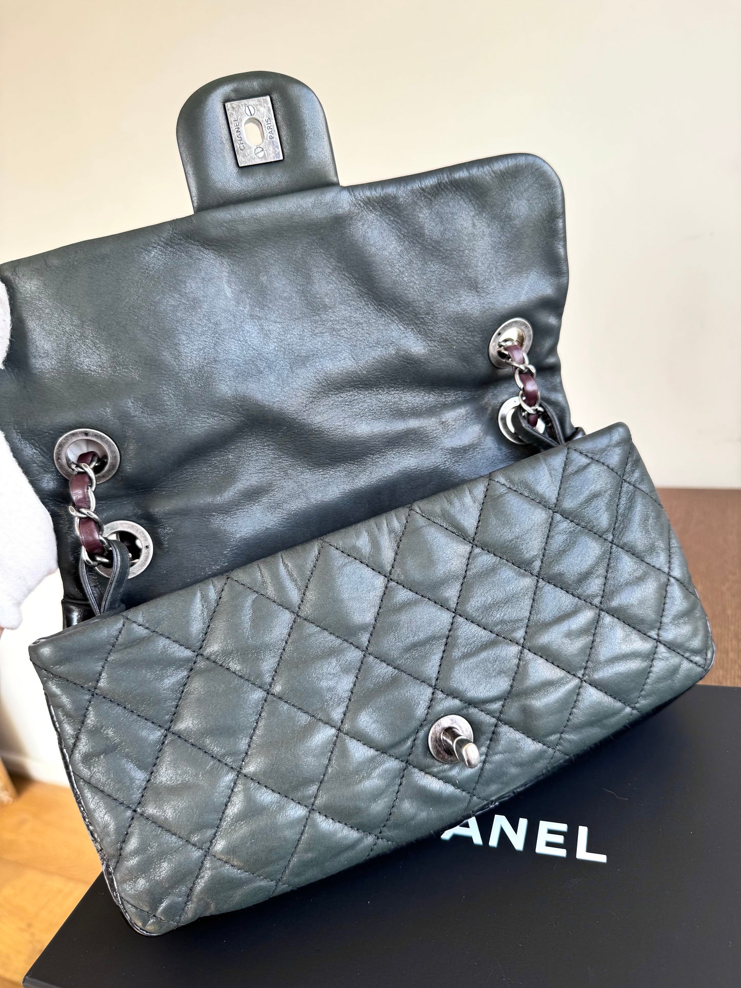 Pre-owned Chanel In The Mix Medium Dark Green Iridescent Leather Flap Bag