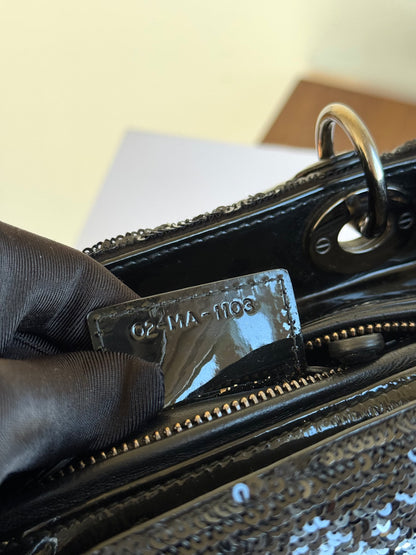 Pre-owned Dior Lady Dior Medium Black Sequin Patent Leather Bag