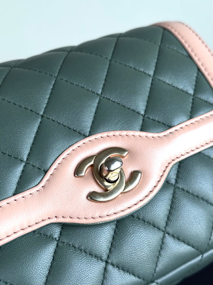 Pre-owned Chanel Diana Mini Bi-color Green Pink Leather Flap Bag