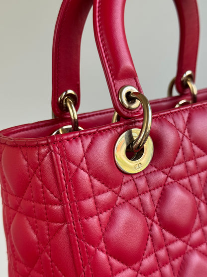 Pre-owned Dior Lady Dior Medium Red Lambskin Bag