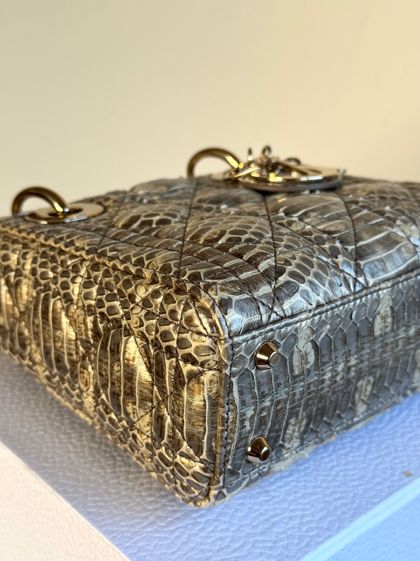 Pre-owned Dior Lady Dior Mini Metallic Grey Beige Python Bag