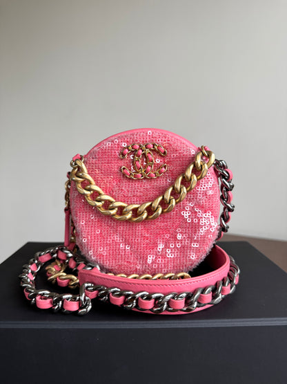 Pre-owned Chanel 19 Round Pink Clutch With Chain