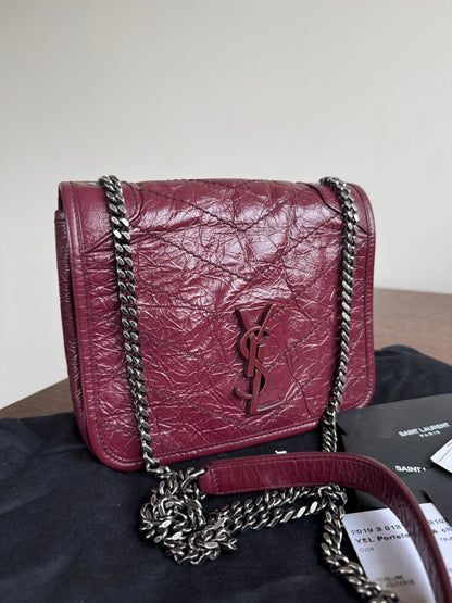 Pre-owned Saint Laurent Niki Mini Burgundy Leather Flap Bag