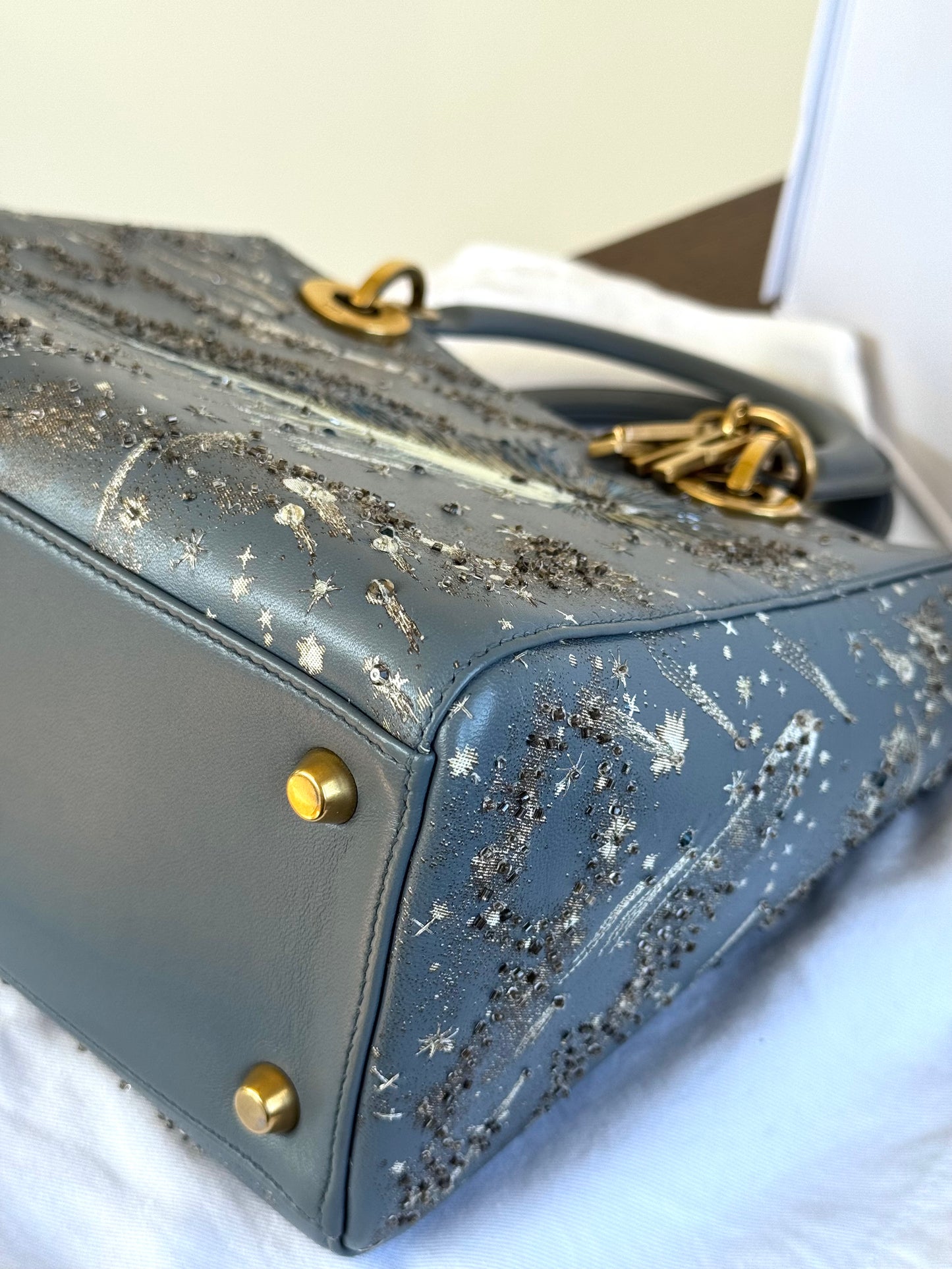 Pre-owned Dior Lady Dior Medium Grey Blue Embroidered Leather Bag