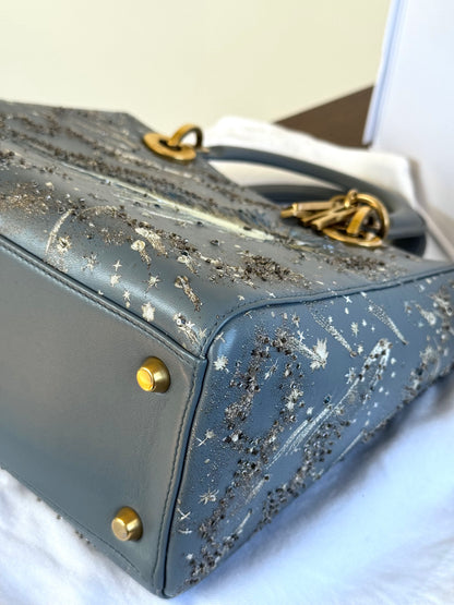 Pre-owned Dior Lady Dior Medium Grey Blue Embroidered Leather Bag
