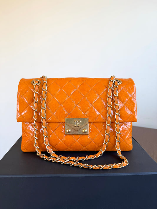 Pre-owned Chanel Orange Patent Leather Flap Bag
