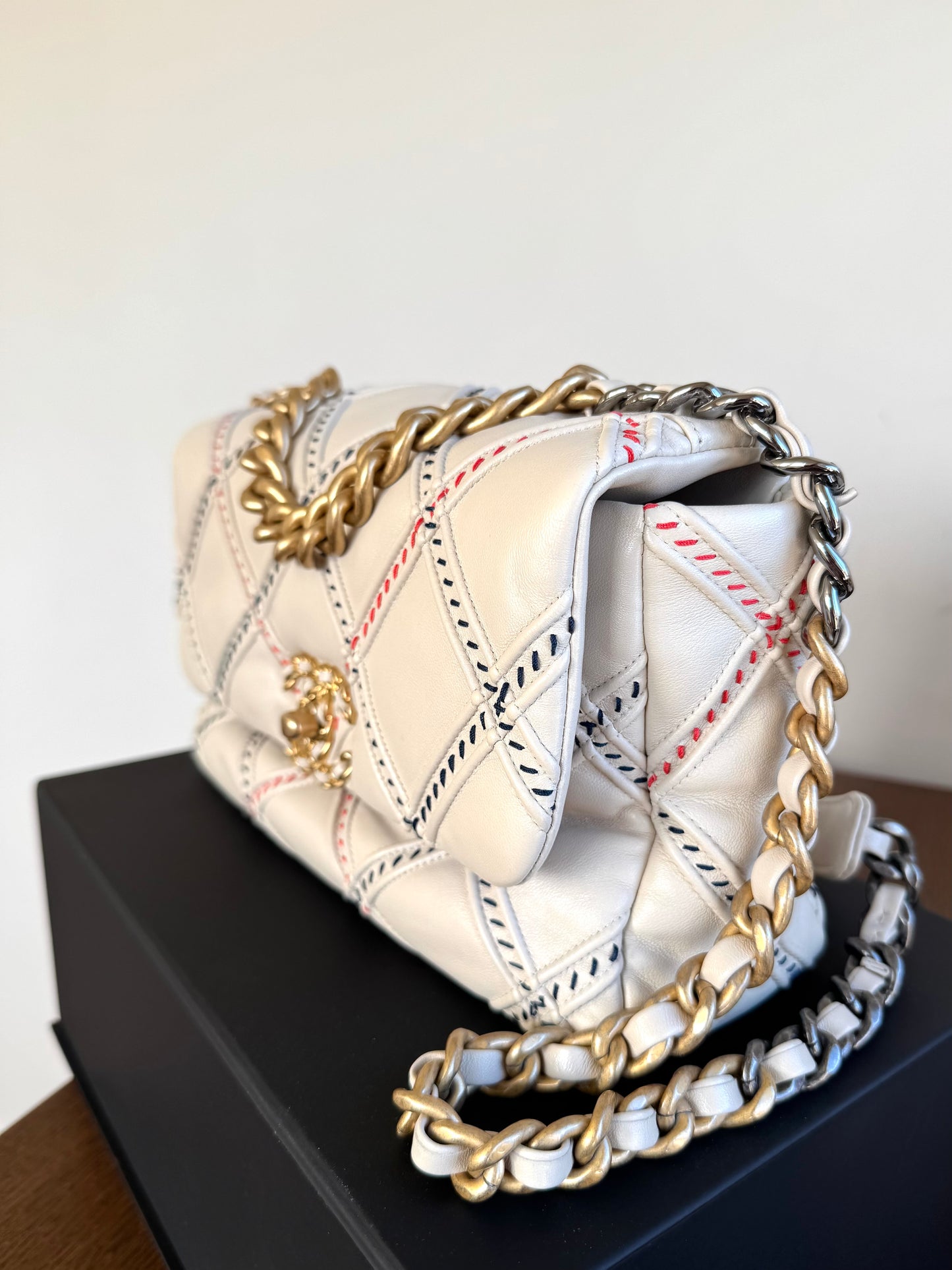 Pre-owned Chanel 19 Small Stitch Beige Lambskin Flap Bag Limited Edition