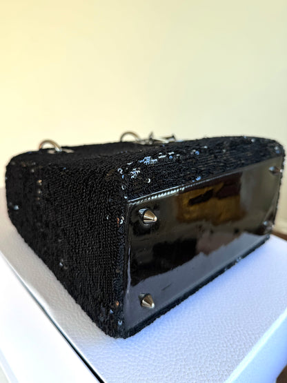 Pre-owned Dior Lady Dior Medium Black Sequin Patent Leather Bag
