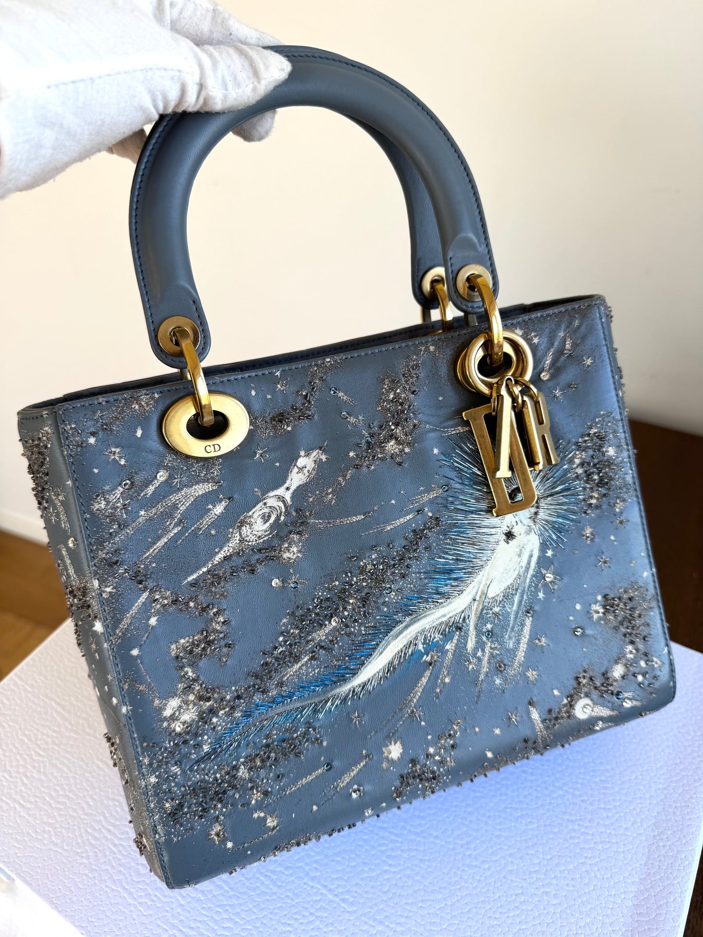 Pre-owned Dior Lady Dior Medium Grey Blue Embroidered Leather Bag