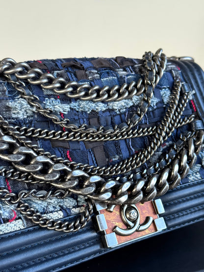 Pre-owned Chanel Boy Medium Blue Denim Tweed Leather Flap Bag