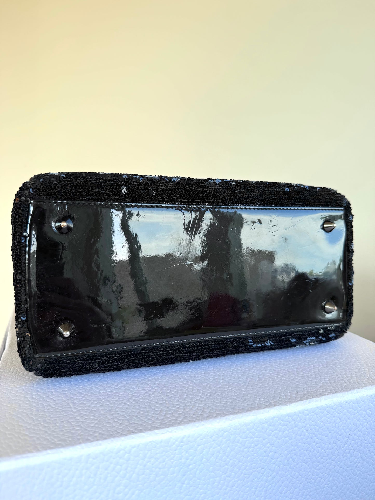 Pre-owned Dior Lady Dior Medium Black Sequin Patent Leather Bag