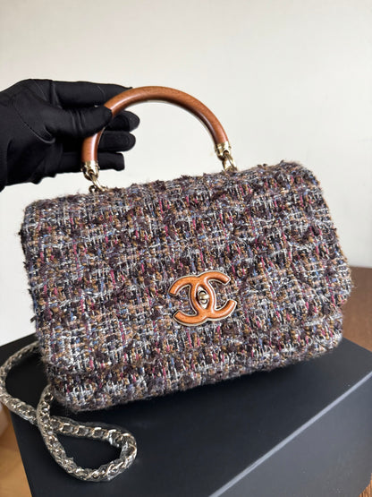 Pre-owned Chanel Knock On Wood Brown Tweed Top Handle Flap Bag