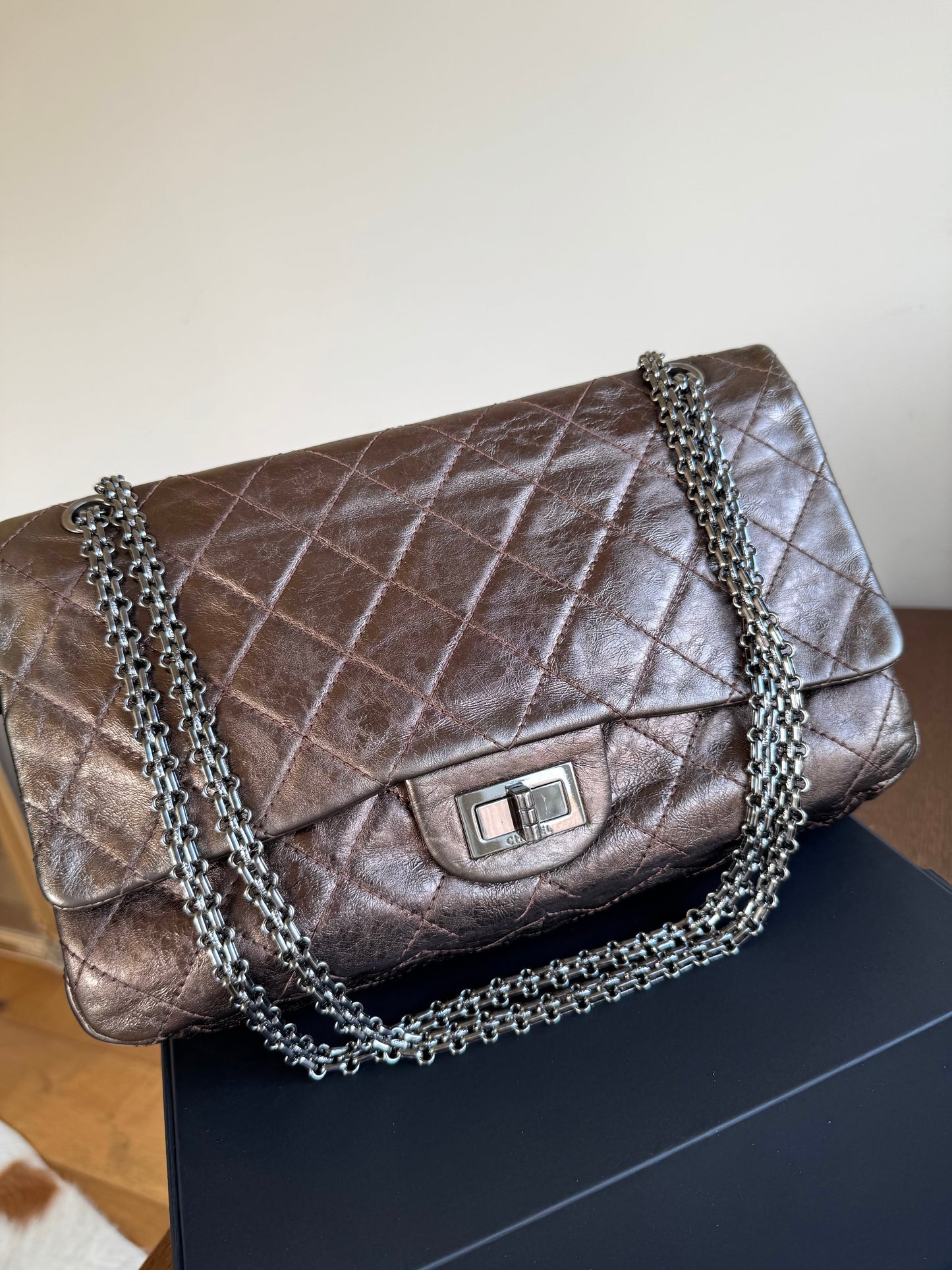 Pre-owned Chanel 2.55 Reissue Maxi 227 Bronze Metallic Calfskin Flap Bag