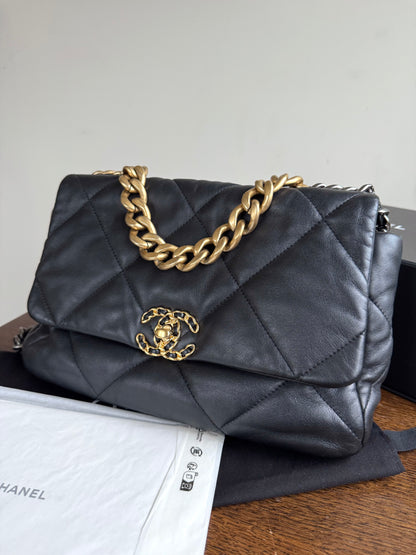 Pre-owned Chanel 19 Large Black Lambskin Flap Bag
