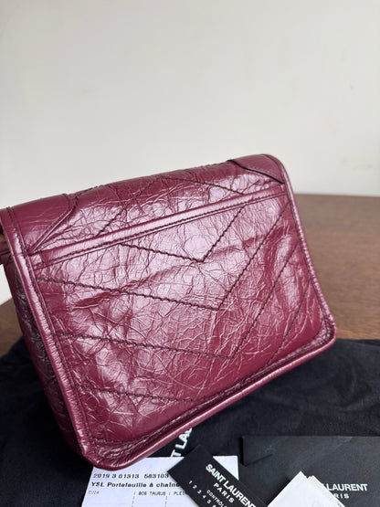 Pre-owned Saint Laurent Niki Mini Burgundy Leather Flap Bag
