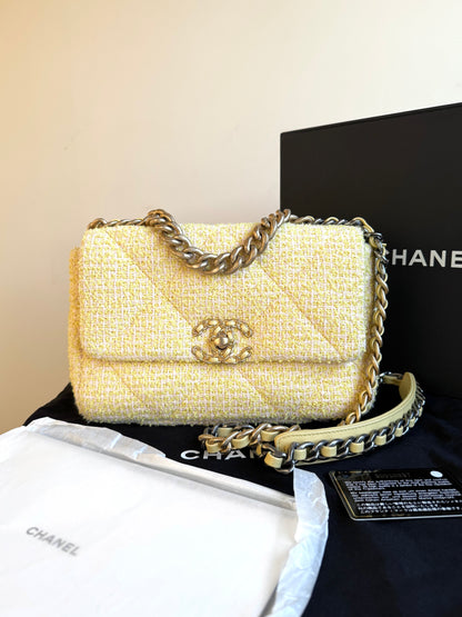 Pre-owned Chanel 19 Small Yellow Tweed Flap Bag