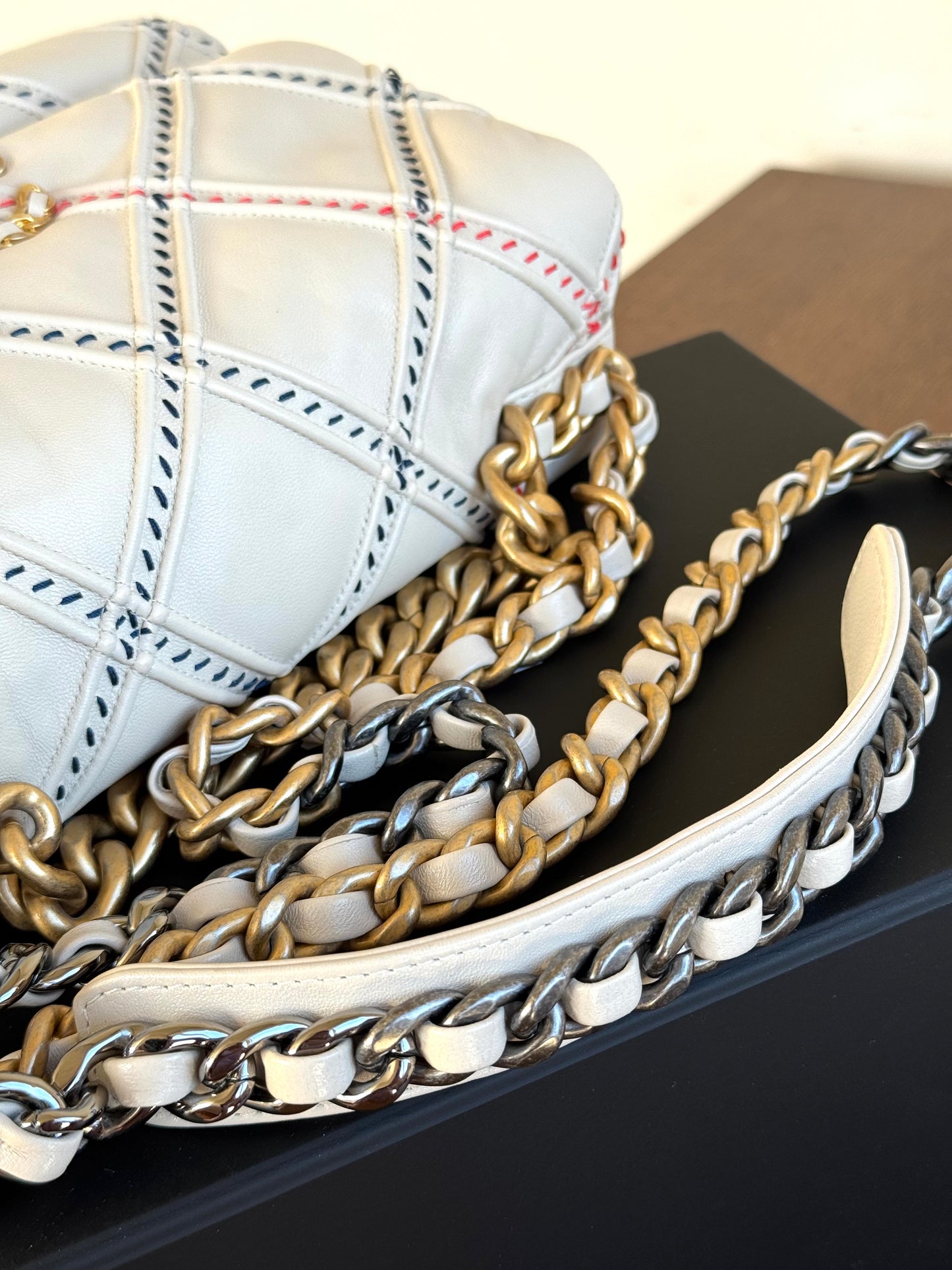 Pre-owned Chanel 19 Small Stitch Beige Lambskin Flap Bag Limited Edition