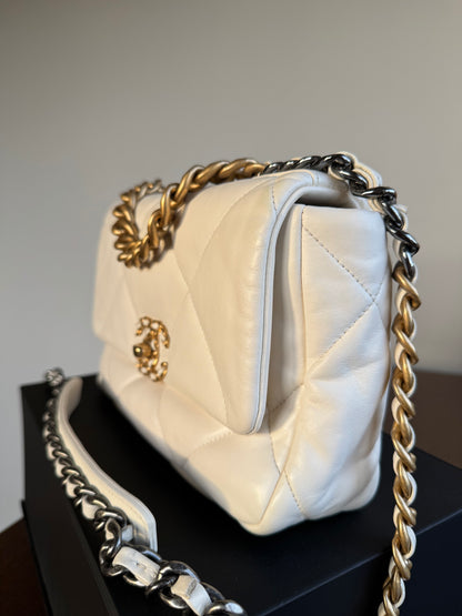 Pre-owned Chanel 19 Small White Lambskin Flap Bag