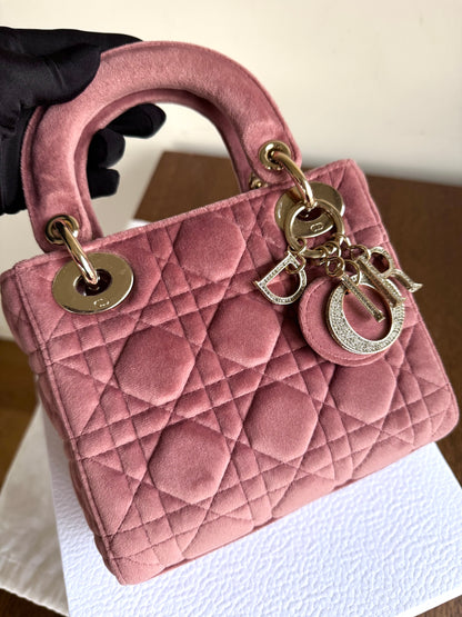 Pre-owned Dior Lady Dior Mini Crystal Dusty Rose Velvet Bag Limited Edition