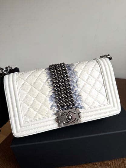Pre-owned Chanel Boy Medium Off White Python Chain Around Flap Bag