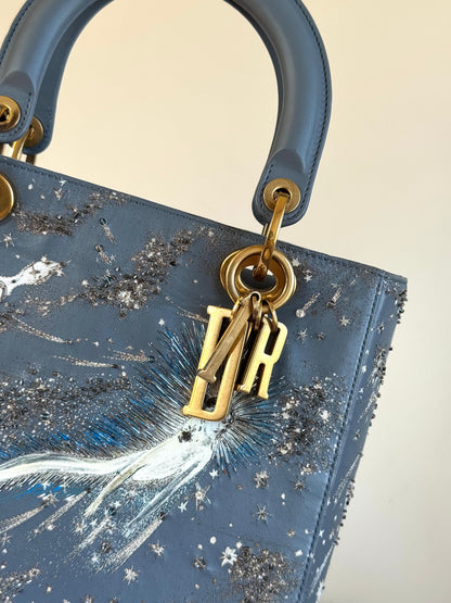 Pre-owned Dior Lady Dior Medium Grey Blue Embroidered Leather Bag