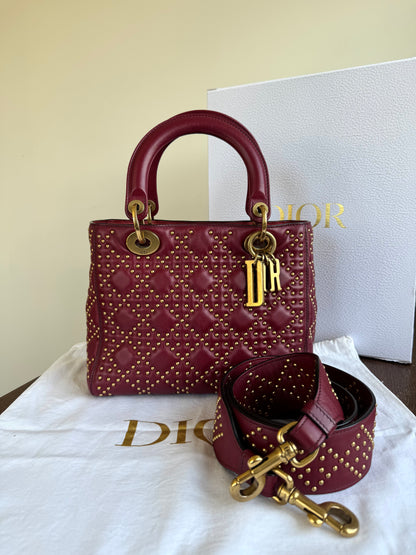 Pre-owned Dior Lady Dior Medium Studded Burgundy Calfskin Bag