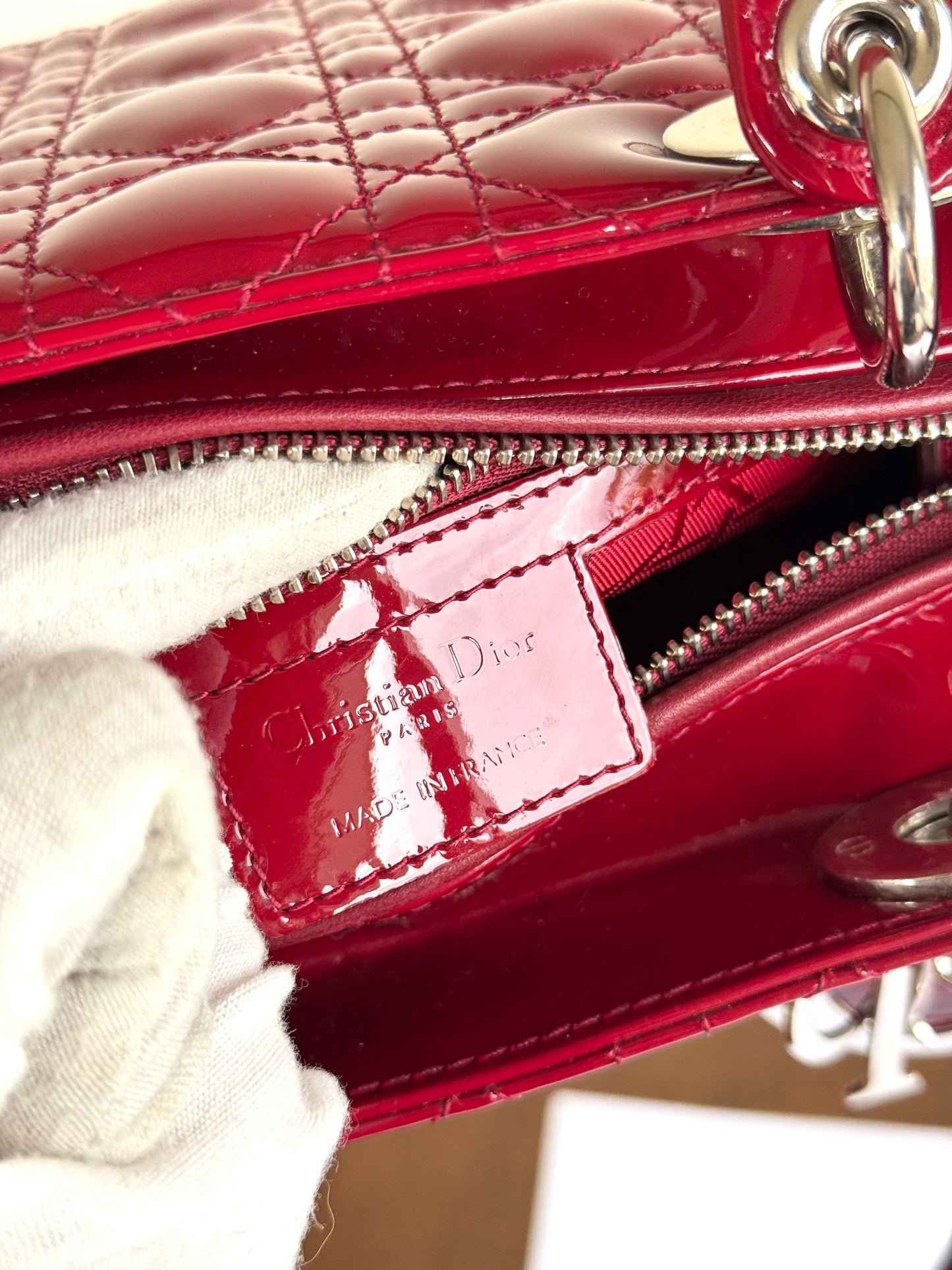 Pre-owned Dior Lady Dior Medium Burgundy Patent Leather Bag