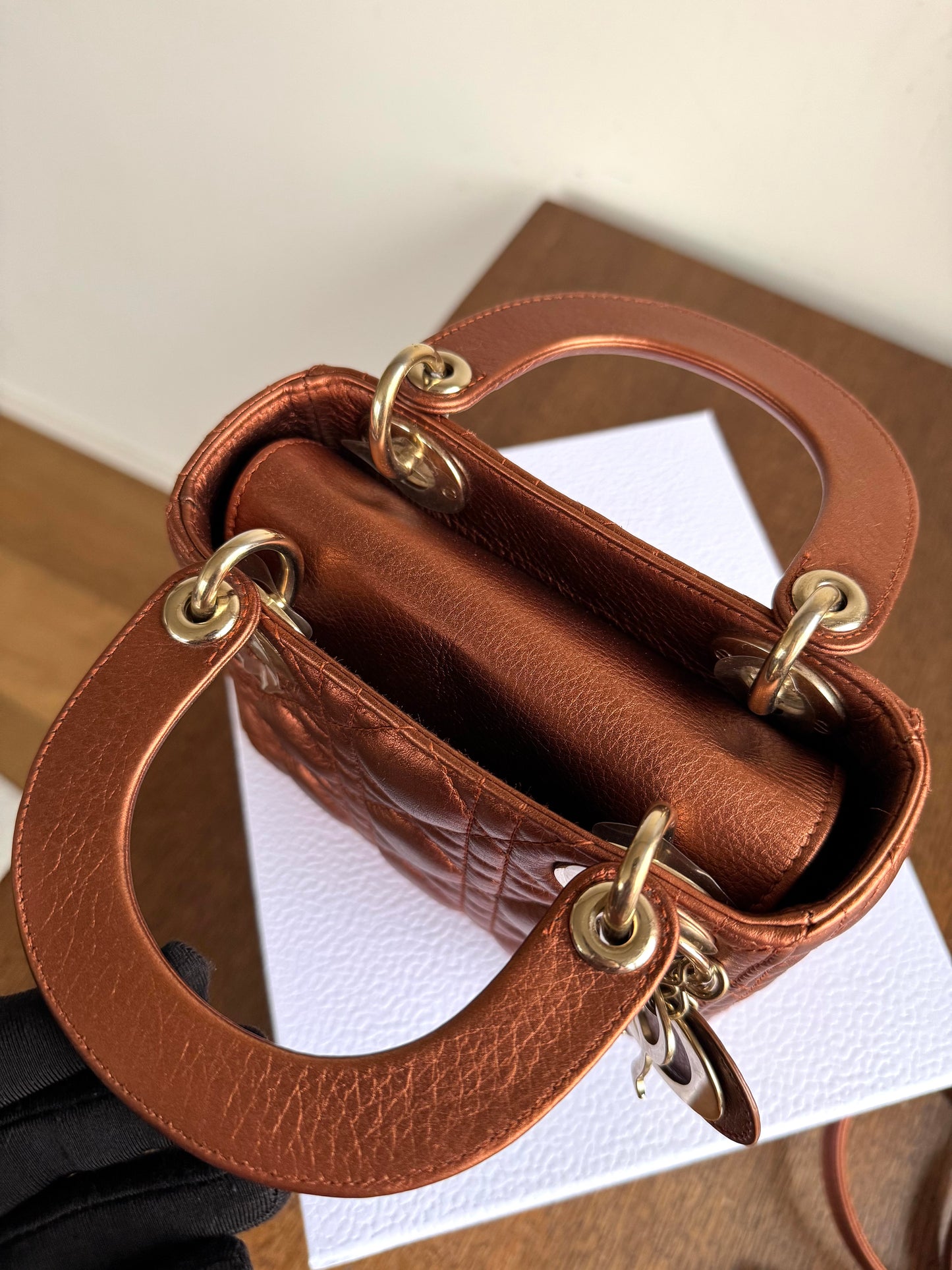 Pre-owned Dior Lady Dior Mini Bronze Lambskin Cannage Bag