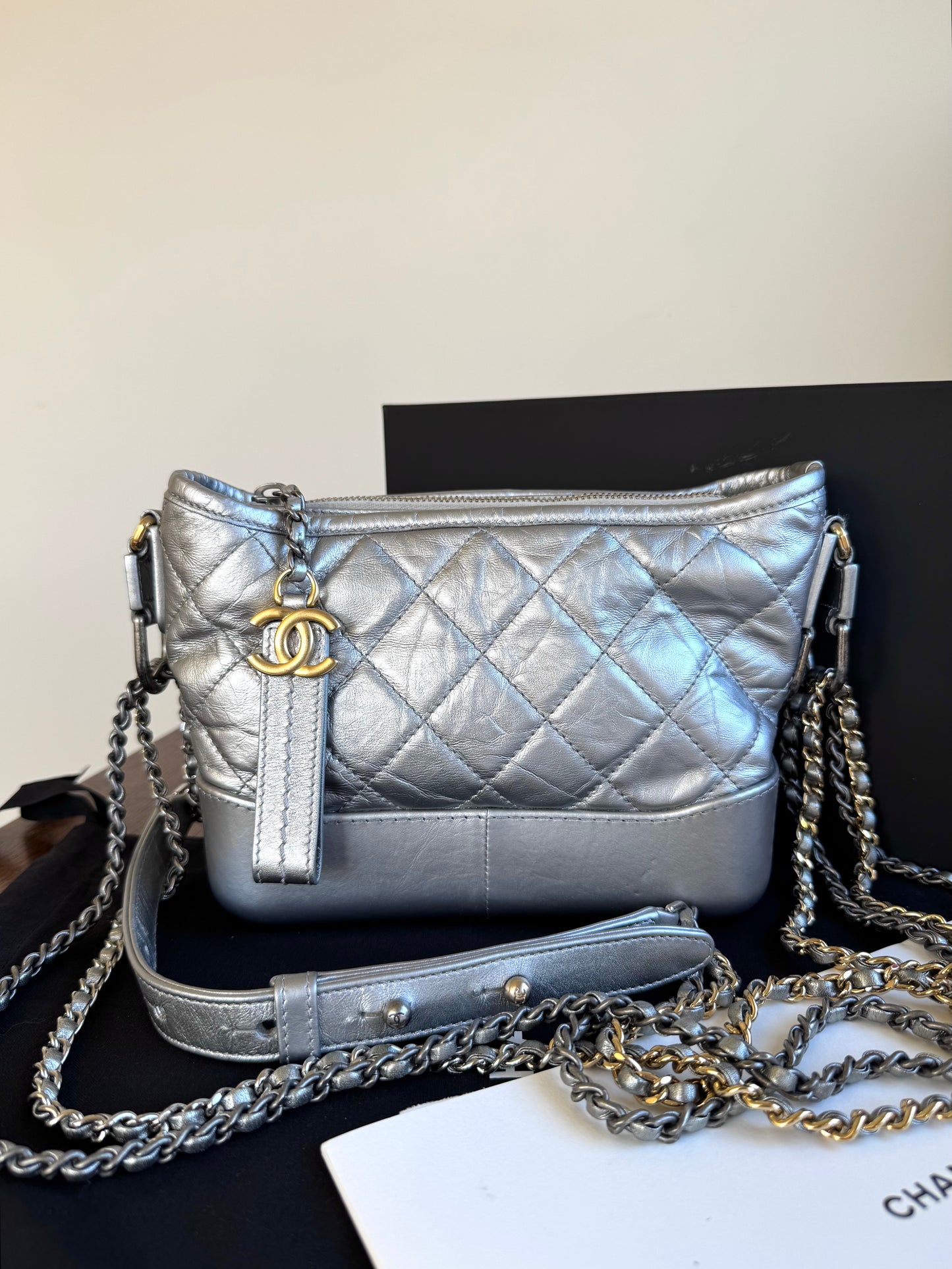 Pre-owned Chanel Gabrielle Small Silver Leather Hobo Bag